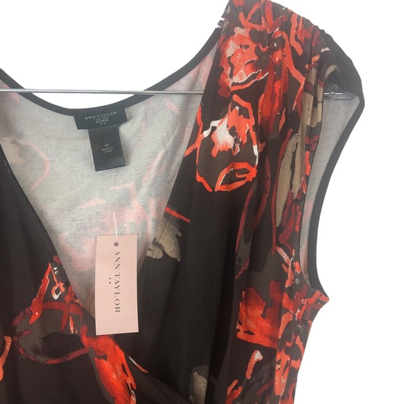 NWT Ann Taylor Brown Orange Floral Faux Wrap Neckline Sleeveless MIDI Dress - Picture 8 of 13